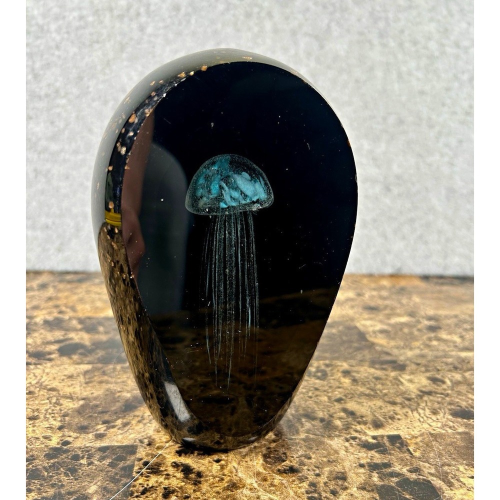 Heavy* Black & Blue Art Glass Jellyfish Paperweight, Glossy Decorative Finish